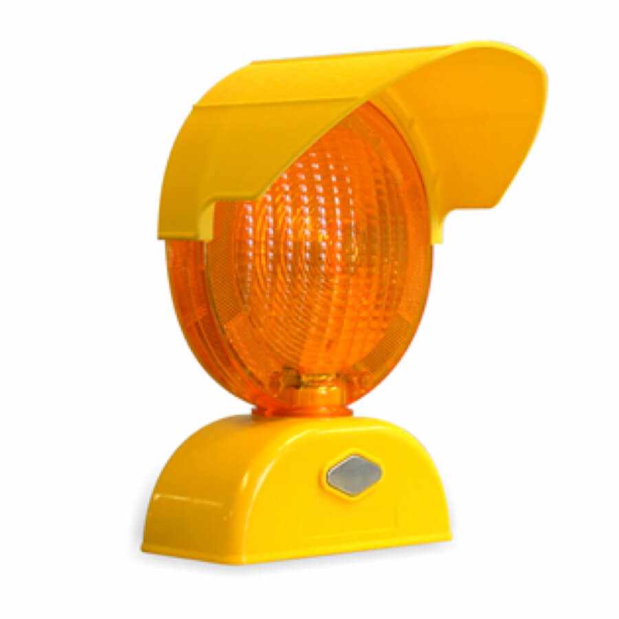 Yellow barricade warning light with sun visor for daytime work zones